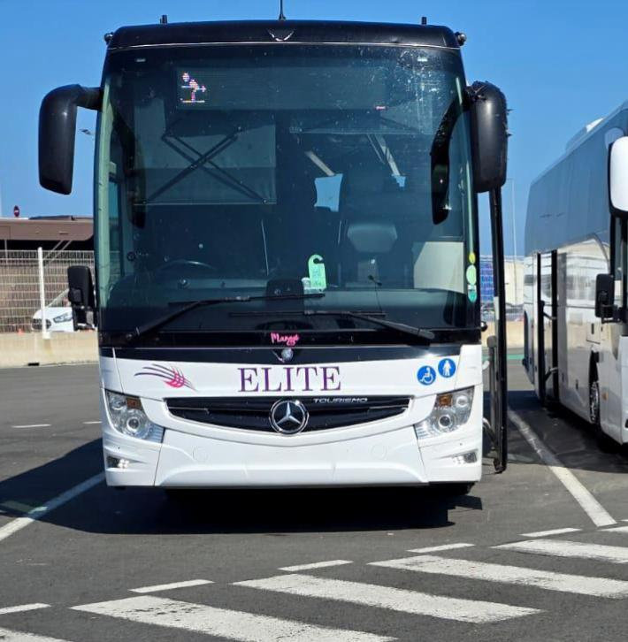 Margot, our Mercedes Tourismo coach, from the front