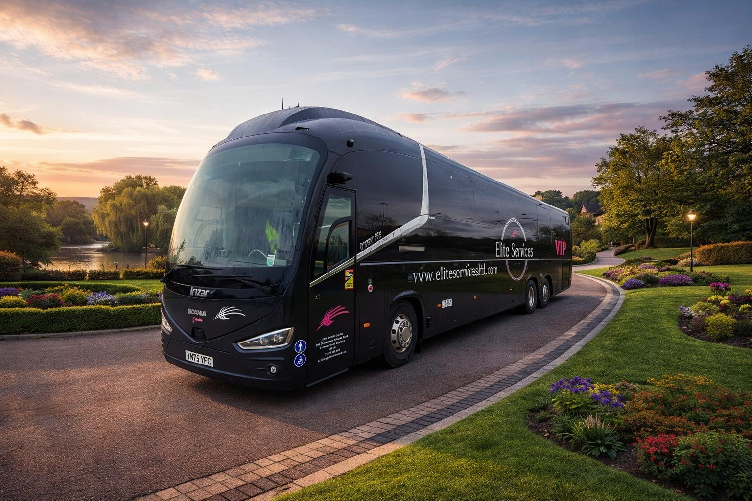Antonia, our Scania i6S Irizar coach, on a garden drive at sunset